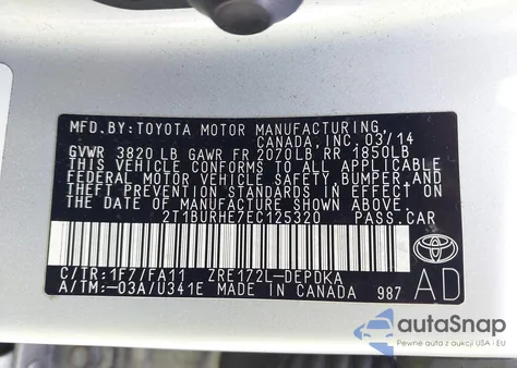 2014 Toyota Corolla L z USA, uszkodzony, nr VIN 2T1BURHE7EC125320